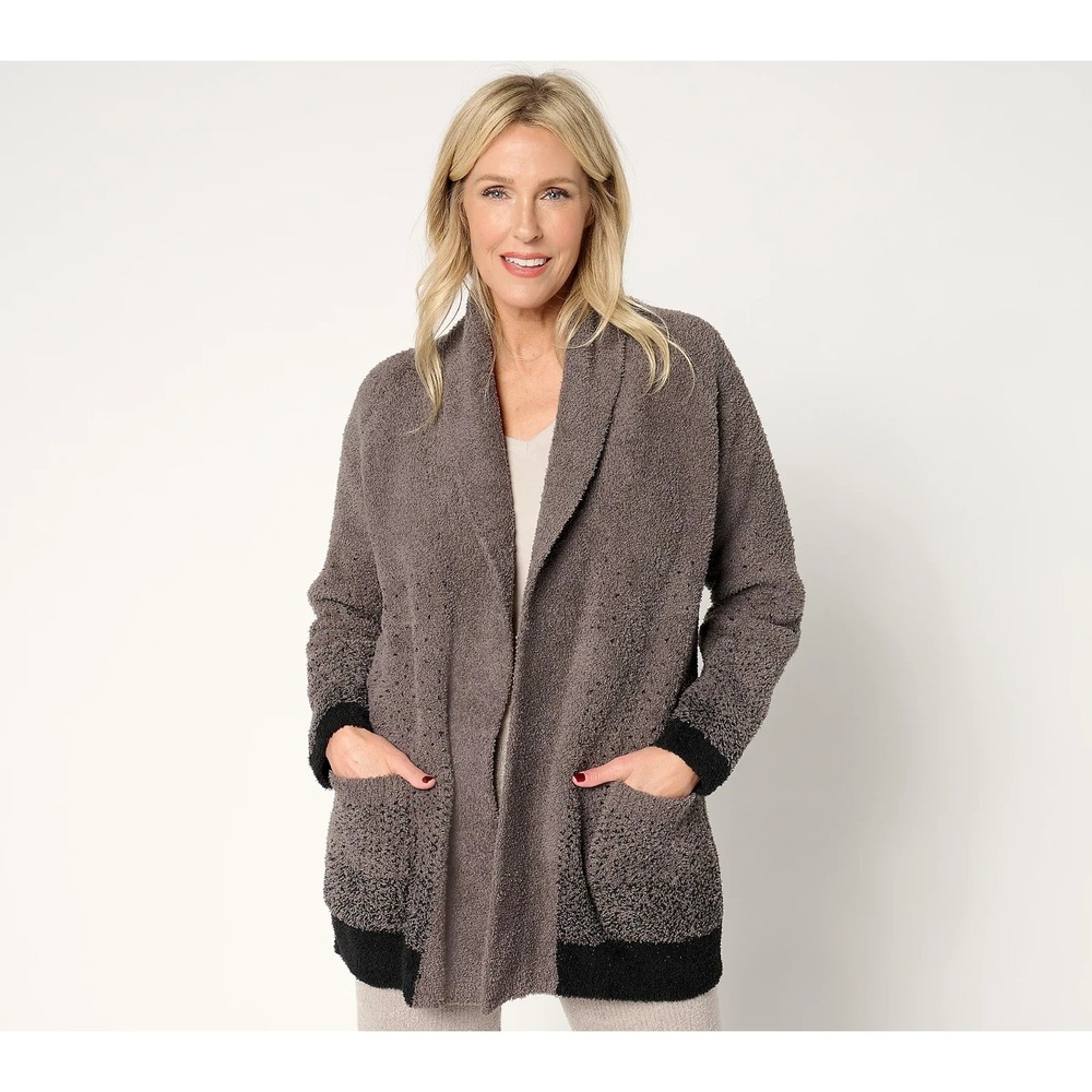 Barefoot Dreams CozyChic Confetti Shawl Cardigan Sweater Mineral/Black M New 48A